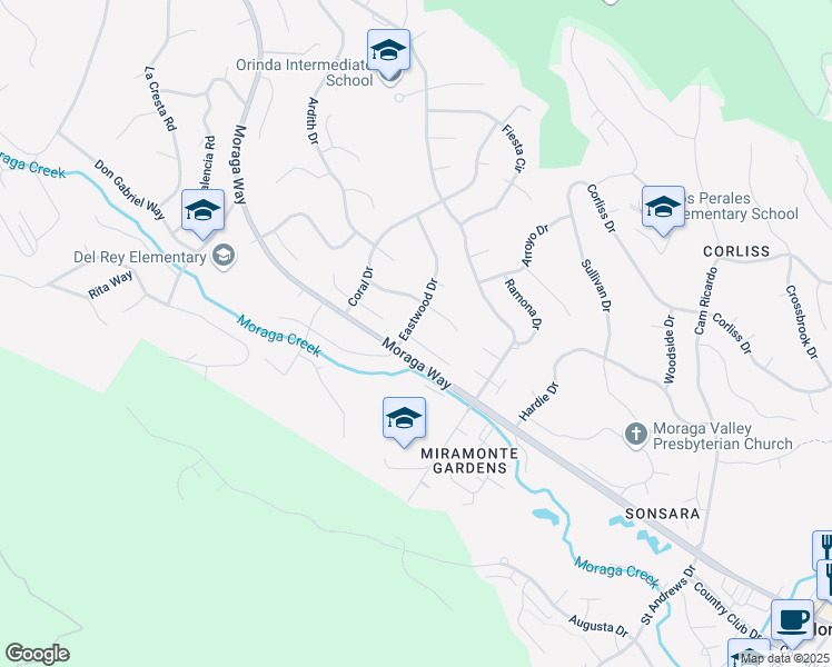 map of restaurants, bars, coffee shops, grocery stores, and more near 1 Aspinwall Court in Orinda