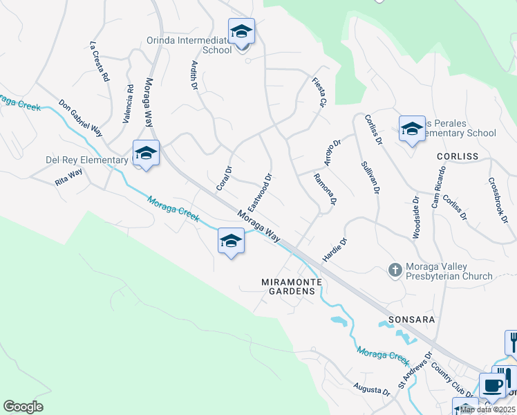 map of restaurants, bars, coffee shops, grocery stores, and more near 1 Aspinwall Court in Orinda