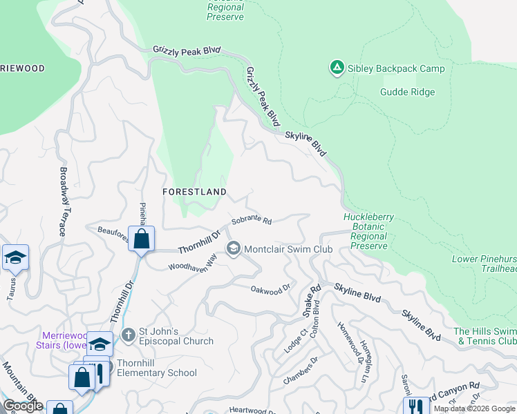 map of restaurants, bars, coffee shops, grocery stores, and more near 7208 Thorndale Drive in Oakland