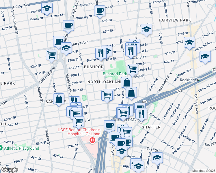 map of restaurants, bars, coffee shops, grocery stores, and more near 5822 Shattuck Avenue in Oakland