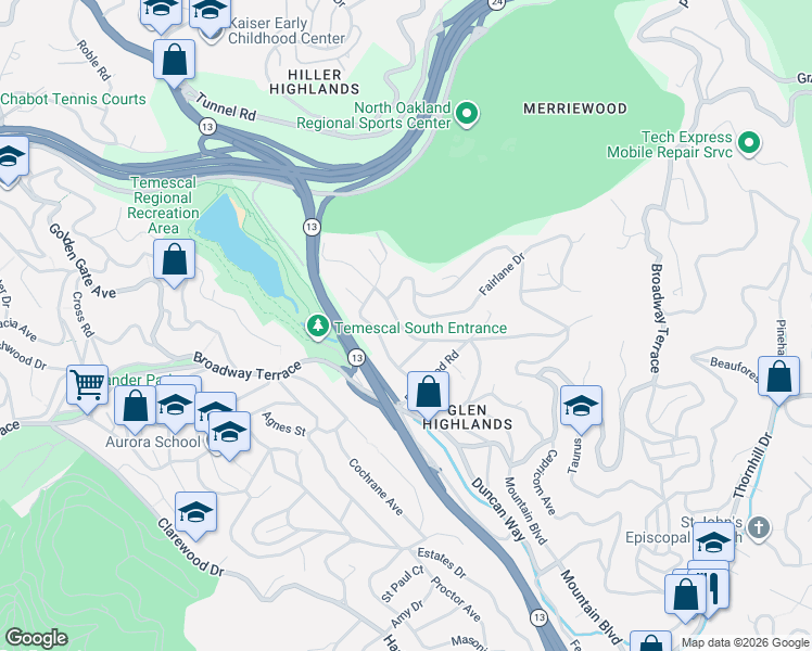map of restaurants, bars, coffee shops, grocery stores, and more near 618 Mountain Boulevard in Oakland