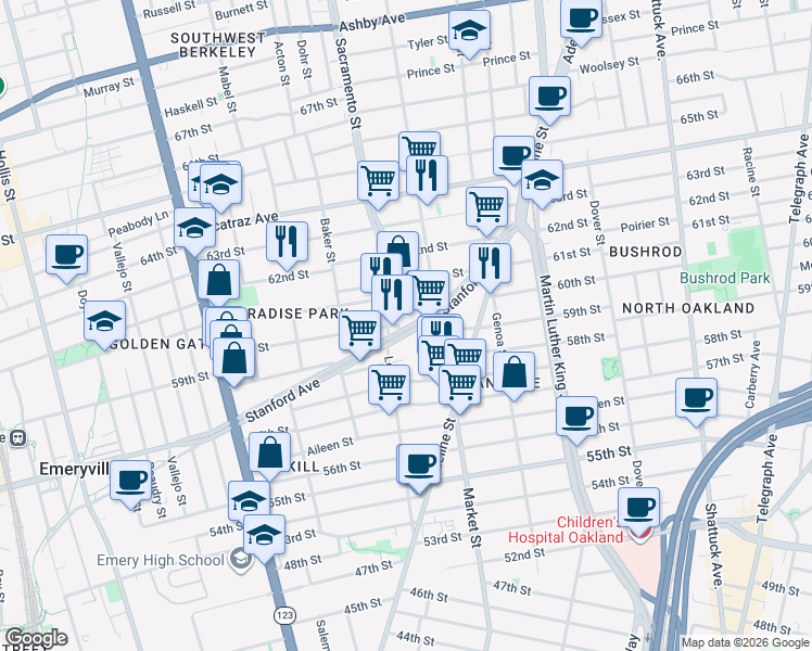map of restaurants, bars, coffee shops, grocery stores, and more near 942 Stanford Avenue in Oakland