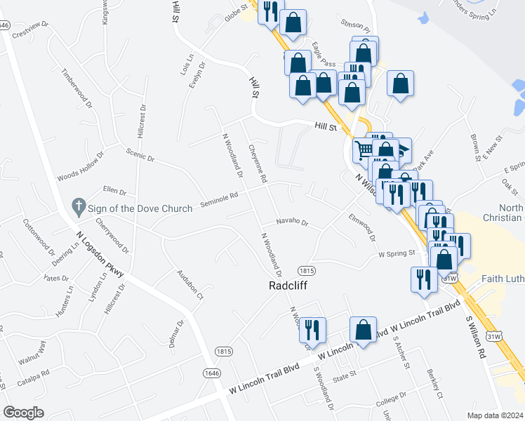 map of restaurants, bars, coffee shops, grocery stores, and more near 599 Navaho Drive in Radcliff
