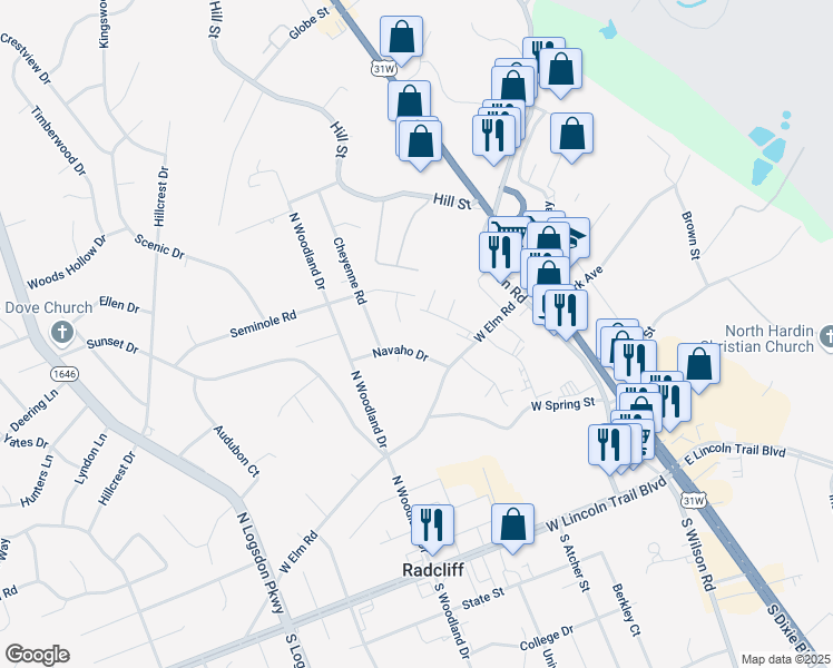 map of restaurants, bars, coffee shops, grocery stores, and more near 533 Navaho Drive in Radcliff