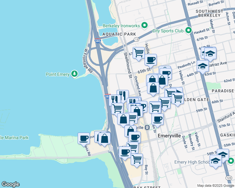 map of restaurants, bars, coffee shops, grocery stores, and more near 6425 Christie Avenue in Emeryville