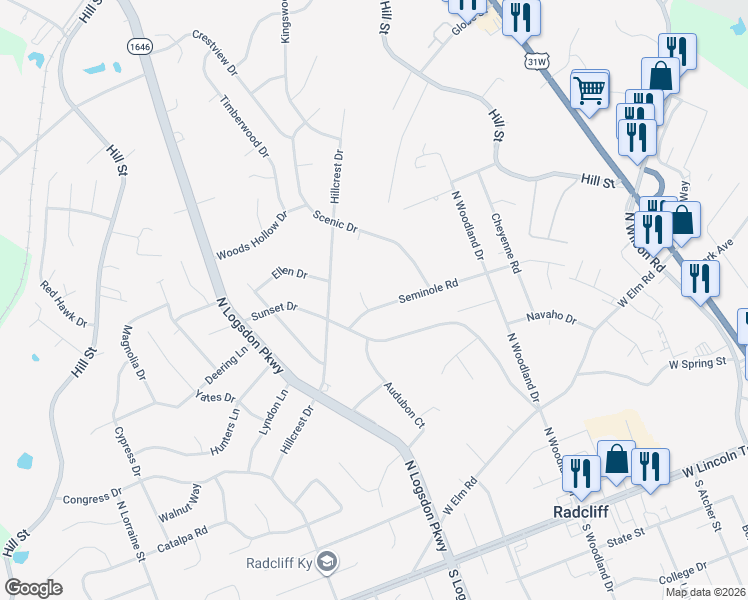 map of restaurants, bars, coffee shops, grocery stores, and more near 929 Seminole Road in Radcliff