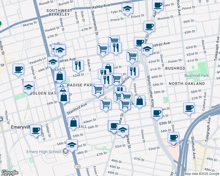 map of restaurants, bars, coffee shops, grocery stores, and more near 942 Stanford Avenue in Oakland