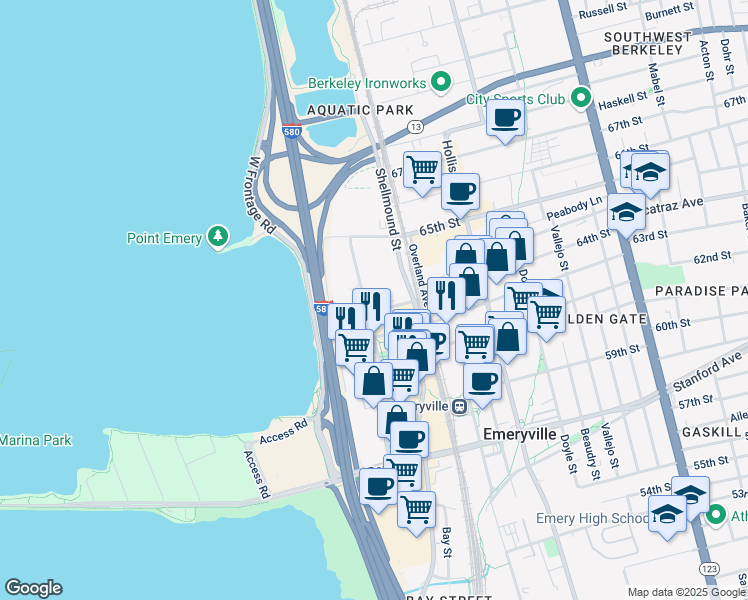 map of restaurants, bars, coffee shops, grocery stores, and more near 6400 Christie Avenue in Emeryville