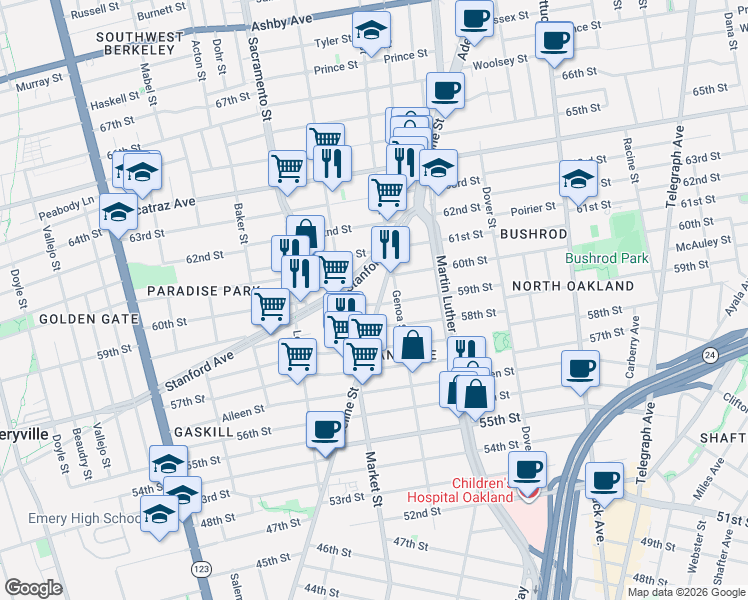 map of restaurants, bars, coffee shops, grocery stores, and more near 5811 Adeline Street in Oakland