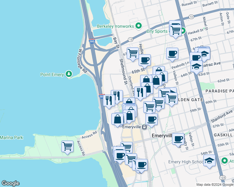 map of restaurants, bars, coffee shops, grocery stores, and more near 6400 Christie Avenue in Emeryville