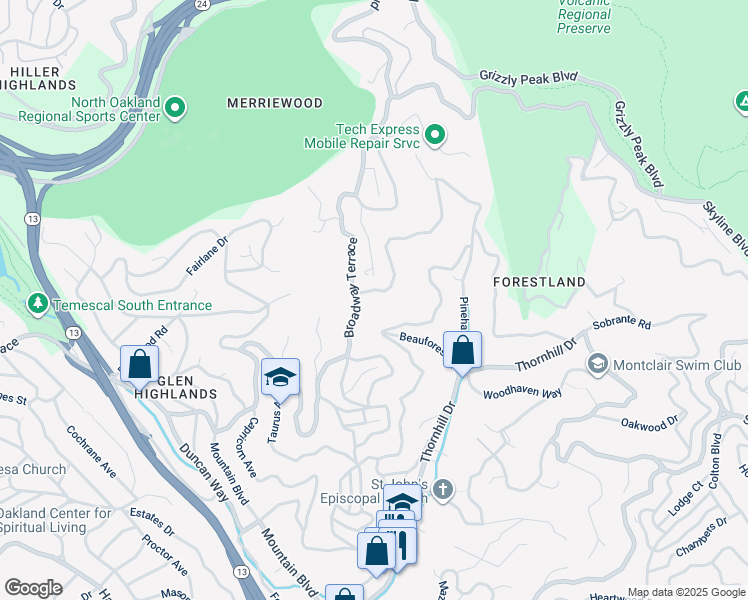 map of restaurants, bars, coffee shops, grocery stores, and more near 6315 Valley View Road in Oakland
