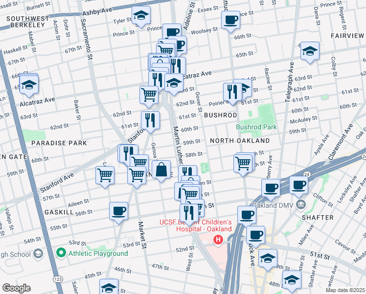 map of restaurants, bars, coffee shops, grocery stores, and more near 772 58th Street in Oakland