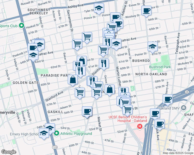map of restaurants, bars, coffee shops, grocery stores, and more near 5811 Adeline Street in Oakland