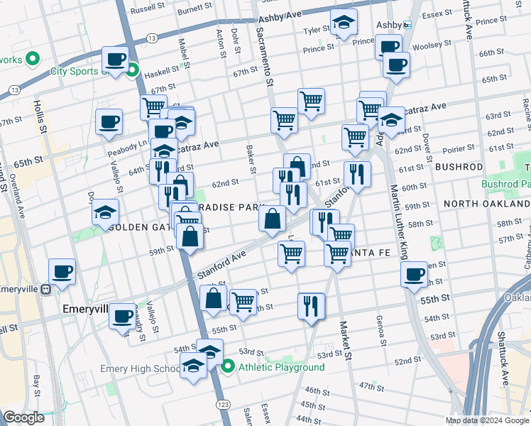 map of restaurants, bars, coffee shops, grocery stores, and more near 977 60th Street in Oakland