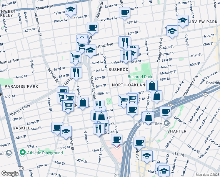 map of restaurants, bars, coffee shops, grocery stores, and more near 59th Street & Dover Street in Oakland