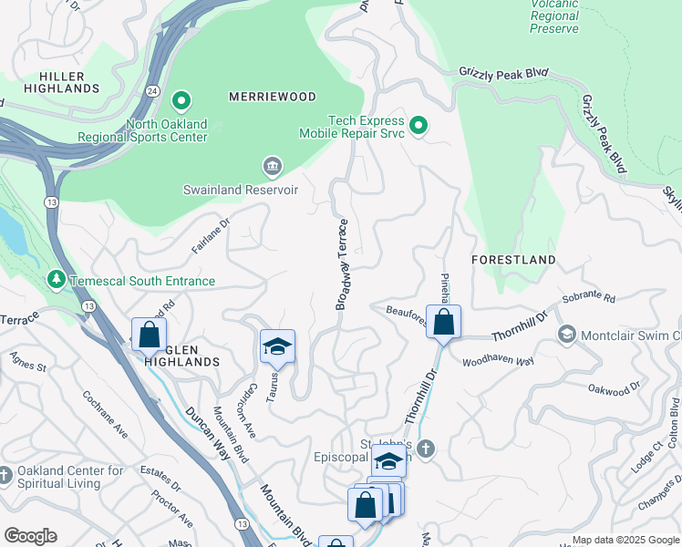 map of restaurants, bars, coffee shops, grocery stores, and more near 13096 Broadway Terrace in Oakland