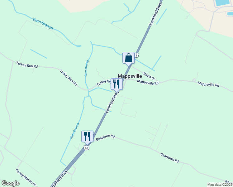 map of restaurants, bars, coffee shops, grocery stores, and more near 29183 Bloxom Lane in Mappsville
