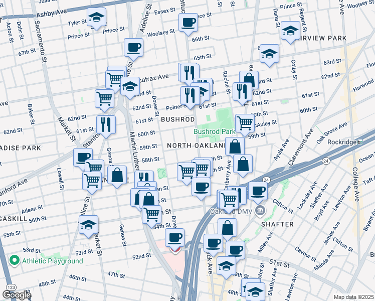 map of restaurants, bars, coffee shops, grocery stores, and more near 627 59th Street in Oakland