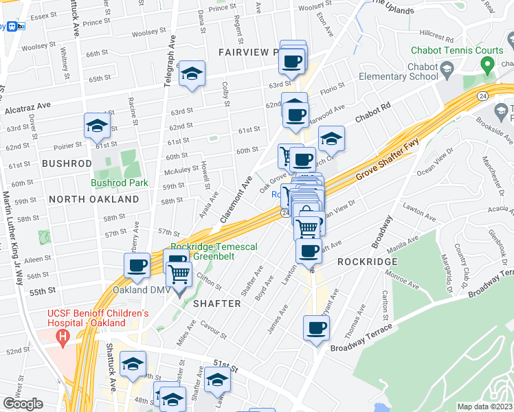 map of restaurants, bars, coffee shops, grocery stores, and more near 5466 Locksley Avenue in Oakland