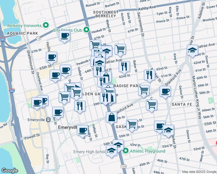 map of restaurants, bars, coffee shops, grocery stores, and more near 1086 61st Street in Oakland