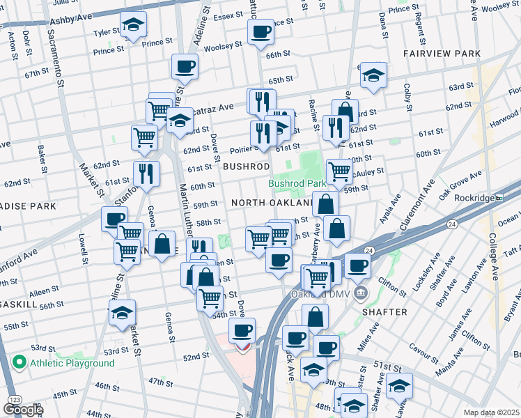 map of restaurants, bars, coffee shops, grocery stores, and more near 627 59th Street in Oakland