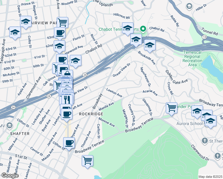 map of restaurants, bars, coffee shops, grocery stores, and more near 6040 Lawton Avenue in Oakland