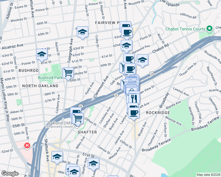 map of restaurants, bars, coffee shops, grocery stores, and more near 5466 Locksley Avenue in Oakland