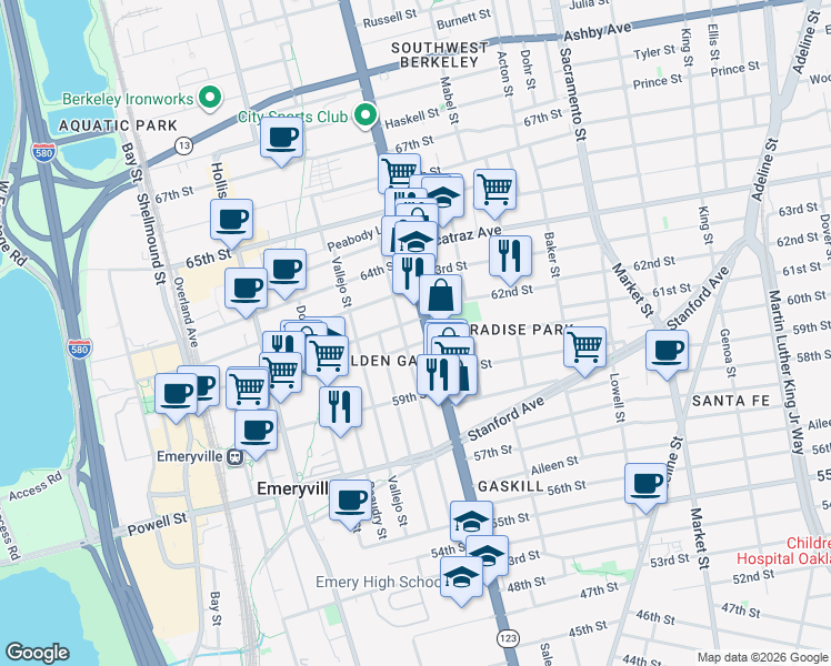 map of restaurants, bars, coffee shops, grocery stores, and more near 6105 San Pablo Avenue in Oakland