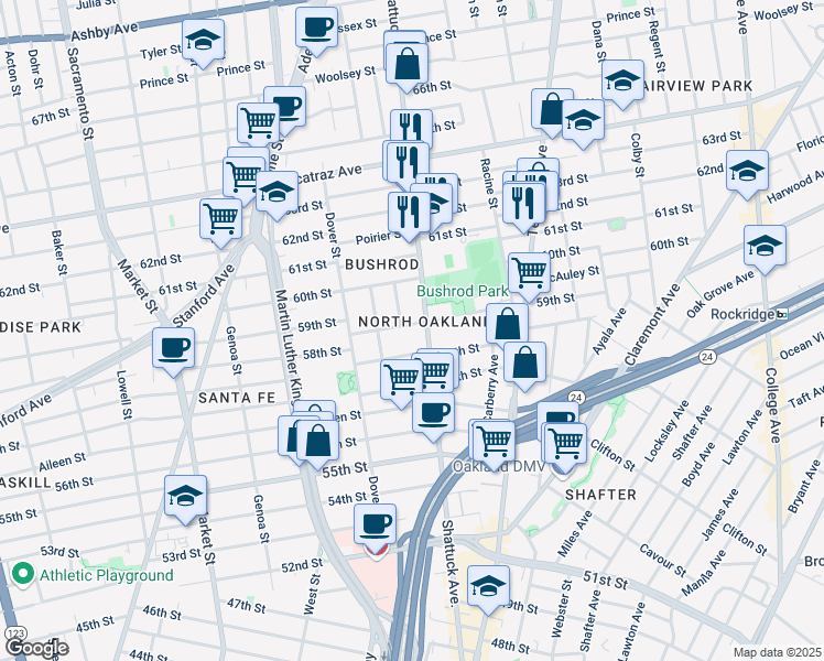 map of restaurants, bars, coffee shops, grocery stores, and more near in Oakland
