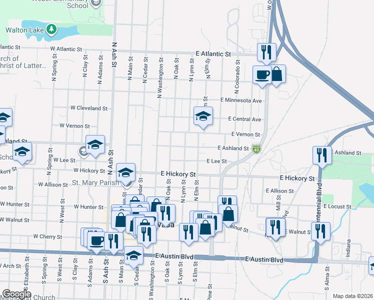 map of restaurants, bars, coffee shops, grocery stores, and more near 727 North Lynn Street in Nevada