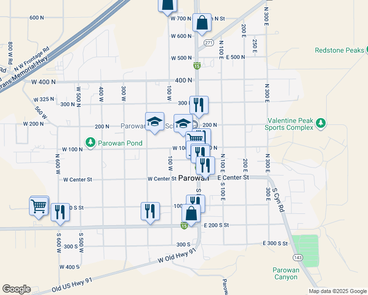 map of restaurants, bars, coffee shops, grocery stores, and more near 50 West 100 North in Parowan