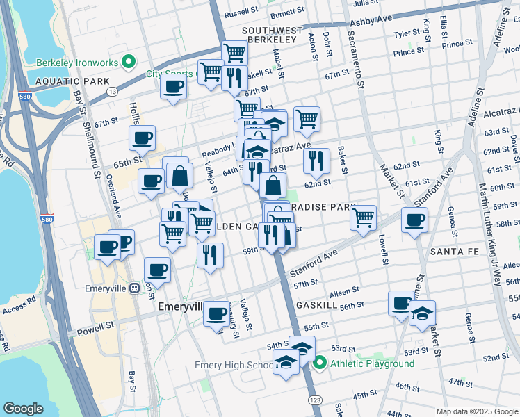 map of restaurants, bars, coffee shops, grocery stores, and more near 6105 San Pablo Avenue in Oakland