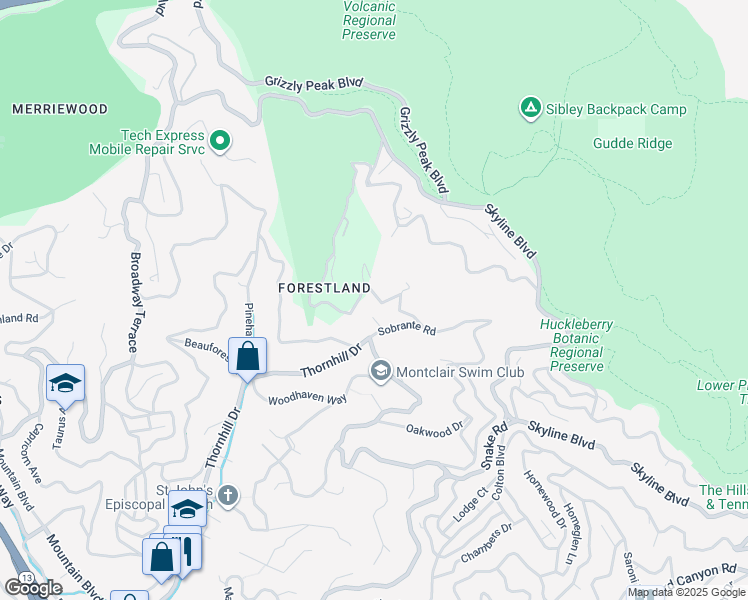 map of restaurants, bars, coffee shops, grocery stores, and more near 7130 Thorndale Drive in Oakland