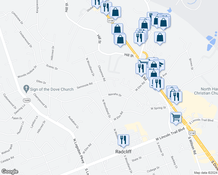 map of restaurants, bars, coffee shops, grocery stores, and more near 536 Cheyenne Road in Radcliff