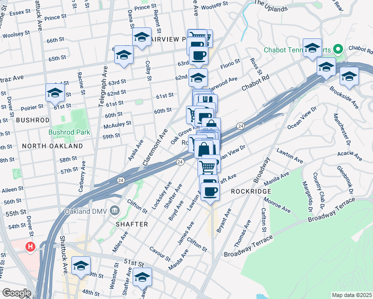 map of restaurants, bars, coffee shops, grocery stores, and more near 5667 Miles Avenue in Oakland