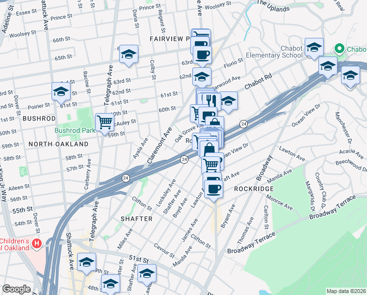 map of restaurants, bars, coffee shops, grocery stores, and more near 5647 Oak Grove Avenue in Oakland