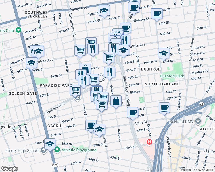 map of restaurants, bars, coffee shops, grocery stores, and more near 863 Stanford Avenue in Oakland