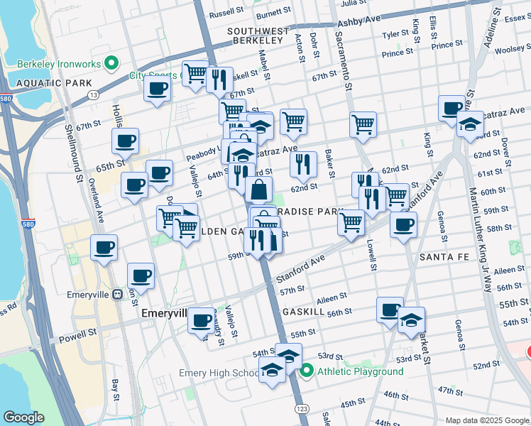 map of restaurants, bars, coffee shops, grocery stores, and more near 6124 San Pablo Avenue in Oakland