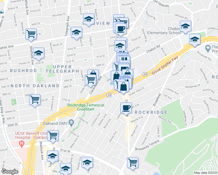 map of restaurants, bars, coffee shops, grocery stores, and more near 5647 Oak Grove Avenue in Oakland