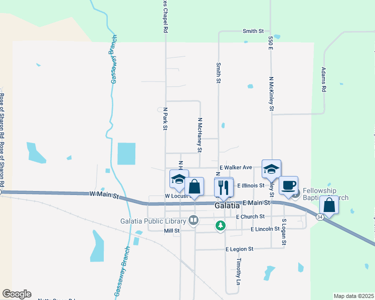 map of restaurants, bars, coffee shops, grocery stores, and more near 110 West Edwards Street in Galatia