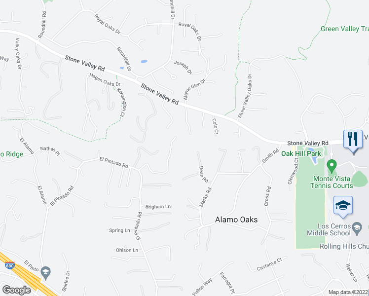 map of restaurants, bars, coffee shops, grocery stores, and more near 221 Dean Road in Alamo