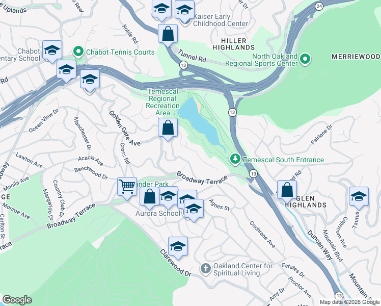 map of restaurants, bars, coffee shops, grocery stores, and more near 6189 Contra Costa Road in Oakland