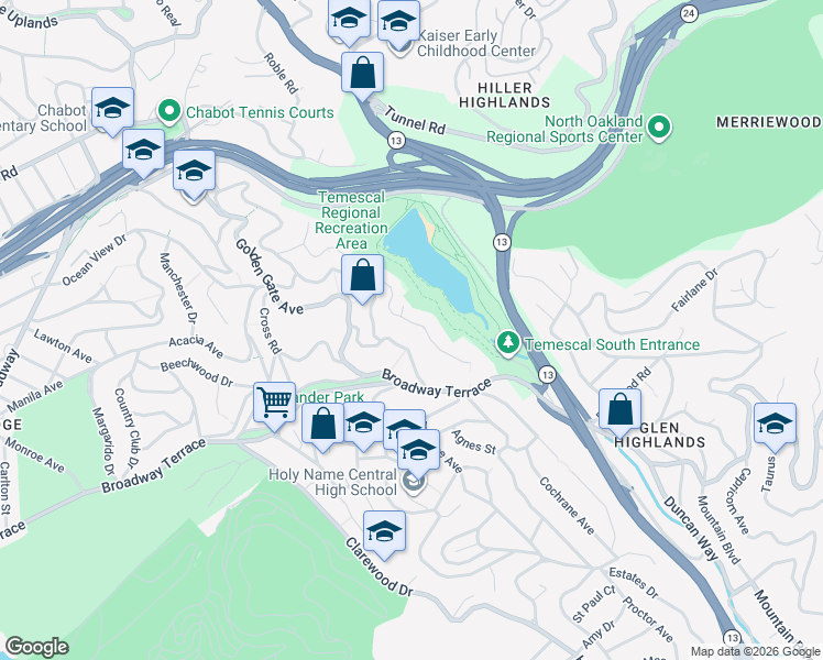 map of restaurants, bars, coffee shops, grocery stores, and more near 6189 Contra Costa Road in Oakland