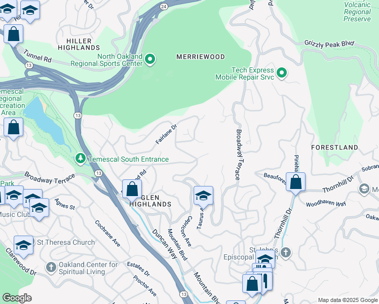 map of restaurants, bars, coffee shops, grocery stores, and more near 6330 Swainland Road in Oakland