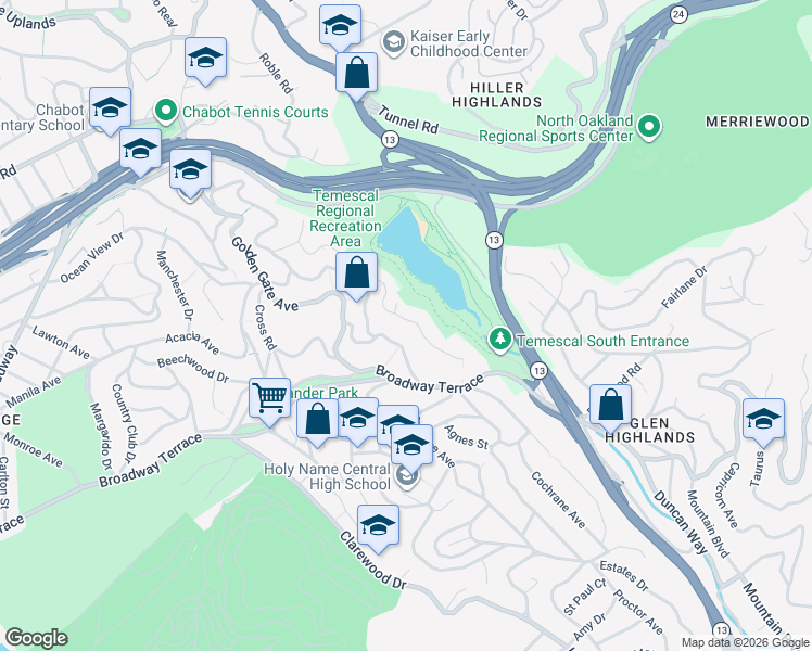 map of restaurants, bars, coffee shops, grocery stores, and more near 6189 Contra Costa Road in Oakland