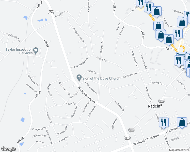 map of restaurants, bars, coffee shops, grocery stores, and more near 1059 Ellen Drive in Radcliff
