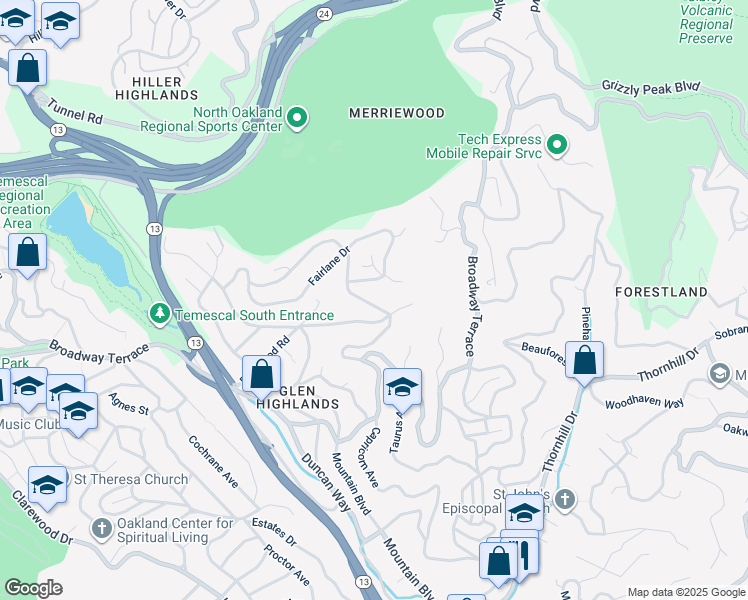 map of restaurants, bars, coffee shops, grocery stores, and more near 6330 Swainland Road in Oakland