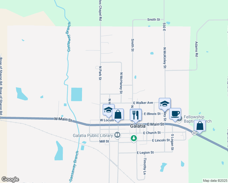 map of restaurants, bars, coffee shops, grocery stores, and more near 110 West Edwards Street in Galatia
