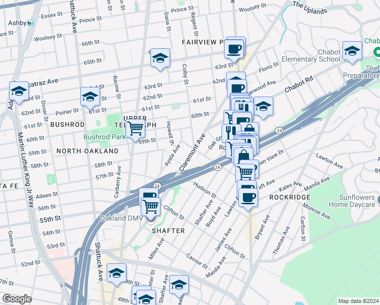 map of restaurants, bars, coffee shops, grocery stores, and more near 5541 Claremont Avenue in Oakland