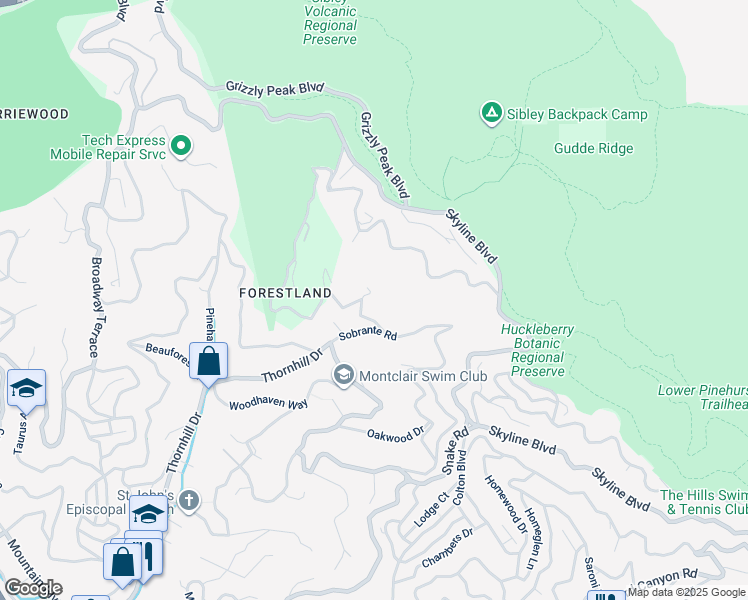 map of restaurants, bars, coffee shops, grocery stores, and more near Willowbank Court in Oakland